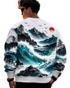 Sudadera Personalizada con Estampado de Olas del Océano en Color Blanco y Verde Azulado, Sudadera Informal con Cuello Redondo para Hombre, Sublimación Personalizada, Ropa Urbana, Top de Otoño e Invierno - Product Image 4