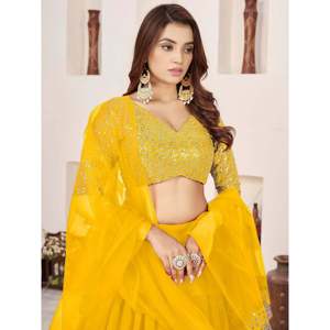 Yellow <b>Sequins</b> Georgette Haldi Wear Lehenga Choli for Women - Product Image 3