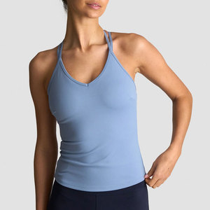 Quick Dry Ladies <b>Longline</b> Body Fit Tank Top Polyester Elastane Four Way Stretch V Neck Padded Built in <b>Bra</b> Tank Top - Product Image 5