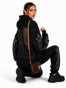 Wholesale Women's Rhinestone 100% Cotton Fleece Pullover Oversized Sweatshirts Tracksuits custom made logo printing <b>embroidery</b> - Product Image 5