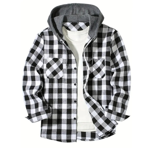 High Quality <b>Mens</b> Plaid <b>Flannel</b> Streetwear Shirt <b>Jacket</b> Hooded Thermal Fleece Outerwear Long Sleeve Shacket Front Logo Wholesale - Product Image 3