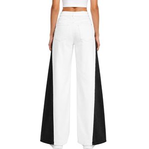 Jean large blanc et noir pour femme, taille haute, en denim bicolore, style décontracté streetwear, pantalon tendance coupe baggy - Product Image 2