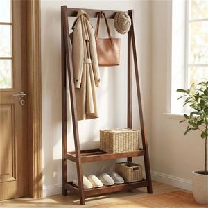 100% Solid Rubber Wood Freestanding Coat Rack a Frame Stable Garment Hanger with 3 <b>Hooks</b> and 2 <b>Shelves</b> - Product Image 2