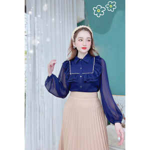 Blusa Elegante para Mujer al por Mayor con Adorno de Perlas, Volantes, Manga Larga, Cuello de Solapa y Botones Delanteros, Camisa de Oficina para Venta al por Mayor - Product Image 3