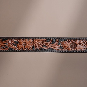 Floral Embossed Two <b>Tone</b> Western Leather <b>Belt</b> with Antique Brass Buckle and Loop for Men Women Casual Vintage Style - Product Image 3