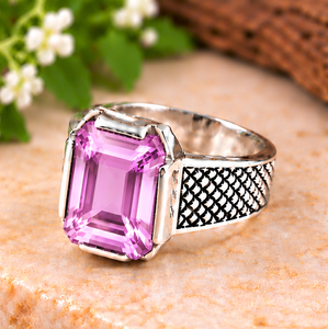Kunzite Sterling <b>Silver</b> <b>Ring</b>, <b>Emerald</b> Cut Pink Purple Gemstone Men's <b>Ring</b>, Vintage Engraved <b>Silver</b> Statement Jewelry - Product Image 2