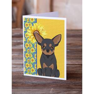 Whimsical Summer Sunflowers Chihuahua Tarjetas de felicitación Pack 8 Tarjetas de notas en blanco A7 Tamaño 5x7 con sobres Color negro tostado - Product Image 2