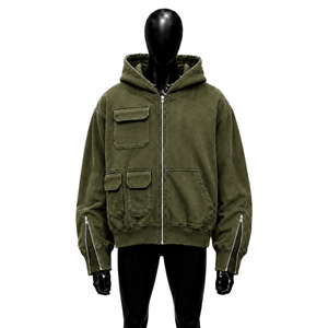 Sudadera con capucha moderna verde oversize con cremallera y bolsillos utilitarios para uso diario y estilo urbano, corte regular. - Product Image 1