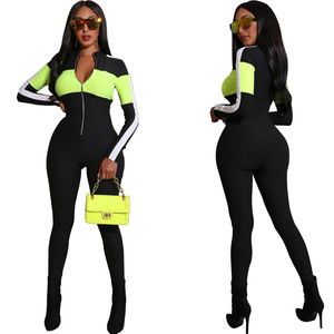 Combinaison longue à manches longues pour femme, noire et vert néon, à blocs de couleur, taille haute, coupe ajustée, fermeture éclair sur le devant, en Spandex et Polyester, style moderne - Product Image 5