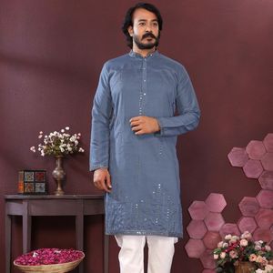 Elegant <b>Smart</b> Silk Kurta Pajama Set for Men And Embroidered <b>Mirror</b> Work Festive Wear with wholesale rate by royal export - Product Image 1