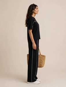 Women's Black <b>Short</b> Sleeve Crew Neck <b>Top</b> <b>And</b> Wide Leg Pants Tracksuit <b>Set</b> With White Contrast Piping - Product Image 3