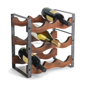 Botellero moderno de metal y madera para fiestas con pulido natural y acabado de recubrimiento en polvo negro, portabotellas de 3 niveles de forma rectangular - Product Image 1