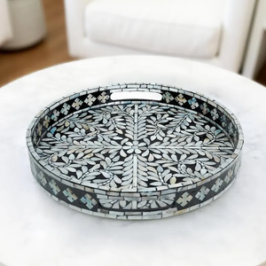 Bandeja con Incrustaciones de Madreperla, Bandeja Redonda Decorativa para Servir, Bandeja con Diseño de Hojas, Decoración para Mesa de Centro por PERFECT ENTERPRISES - Product Image 4