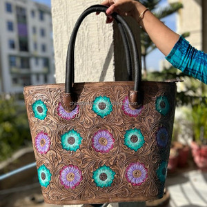 New Fashion Turquoise <b>Purple</b> Flower Hand Tooled Leather Tote Purse Western Floral Genuine Leather Women's Custom Cowhide Purse - Product Image 3