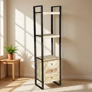 Librería de Madera Estilo Industrial Vintage con 3 Estantes y Cajones, Diseño Moderno Independiente, Mueble para Sala de Estar, Estantes de Almacenamiento para el Hogar - Product Image 1