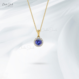 Handmade 14k <b>Solid</b> <b>Gold</b> Genuine 4mm Brilliant Round Cut Tanzanite Halo <b>Pendant</b> with 1mm Prong-Set Diamond <b>Pendant</b> Necklace - Product Image 6