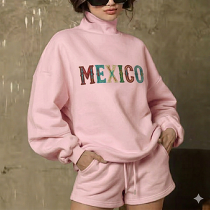 Mock Neck Top And Shorts Outfit <b>Set</b> Women Warm Cozy Comfortable Relaxed Fit Stylish Daily Wear Modern Clothing - Product Image 1