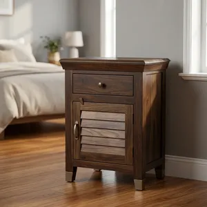 Table de chevet en bois rustique avec porte à battants et tiroir, meuble de rangement pour chambre à coucher et salon - Product Image 3