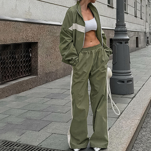 <b>Women's</b> <b>White</b> Olive Colorblock Hooded <b>Tracksuit</b> Full Sleeve Zipper Loose Fit Casual Spring Wear With Side Pockets - Product Image 5