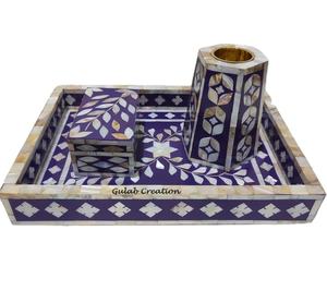 Bandeja Decorativa Artesanal de Resina con Incrustaciones de Nácar Azul y Blanco, Ecológica, con Incienso de Sándalo y Anís Estrellado Indio - Product Image 1