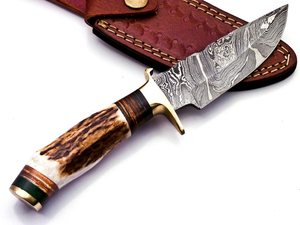 Hunting & <b>Camping</b> Multi-Function Damascus Steel Partially Serrated Skinner Knife with Stag Antler Handle and Leather Sheath - Product Image 4