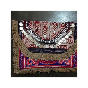 Handmade Ethnic Embroidered Clutch <b>Bag</b> With <b>Coin</b> Beads And Fringe Decor For Evening Party Use - Product Image 5
