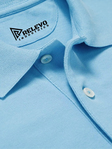 เสื้อเชิ้ตแขนสั้นสีฟ้าอ่อน RELEVO INDUSTRIES ผ้าฝ้ายถัก 100% สีพื้น ปกคอพับ ป้องกันรอยยับ สำหรับผู้ชาย - Product Image 3