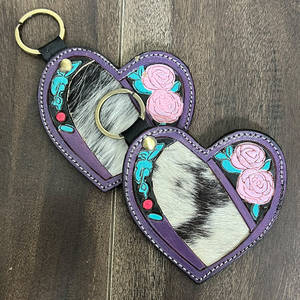 Handcrafted Hair on Cowhide Tooled <b>Leather</b> Heart Shape <b>Key</b> <b>Chain</b> Customized Coin Holder Pink Roses Design <b>Key</b> Ring Gift for Girl - Product Image 4