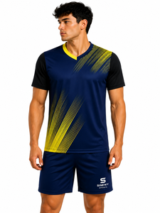 SINEWY SPORTS ชุดเสื้อฟุตบอลชายสีน้ำเงินสีเหลืองพิมพ์ลายเรขาคณิตคอวีแขนสั้นระบายความชื้นพอดีตัวแบบนักกีฬา - Product Image 5