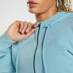 Women's Light Blue <b>Cropped</b> Hoodie Full Sleeve <b>Zip</b>-<b>Up</b> Solid Color Knitted Fleece Sweatshirt Autumn Wear - Product Image 5