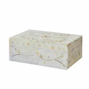 Caja de Almacenamiento de Madera AL MALIK CRAFT, Modelo AMC, Rectangular, Color Crema, con Incrustaciones Florales, para Organizar Joyas, Anillos, Regalo de Navidad - Product Image 1