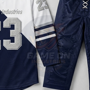 Navy Blue and White Pro Style Team Uniform With Embroidered Numbers & Texture Fabric Custom Ice Hockey Jersey and Pants Sets - Product Image 6
