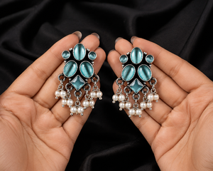 Pendientes Colgantes Bohemios Vintage de Flor de Perlas Plateadas Oxidadas de Latón al por Mayor, Joyería Tribal India ARTS JEWELS para Aniversario de Mujer - Product Image 3