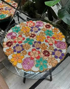 Handmade <b>Beads</b> Table <b>Placemat</b> Floral Bunny Design Round <b>Bead</b> Embroidery Mat Luxury Boho Table Decor - Product Image 3
