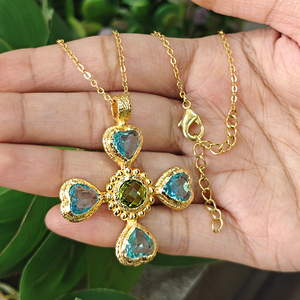 Women's Cross Necklace Sky Blue Quartz and Peridot Quartz Christian Jewelry 18k Gold Plated Texture Metal Brass Pendant Necklace - Product Image 2