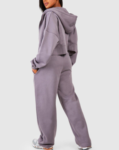 Best Selling Winter Solid <b>Crop</b> Top 100% Cotton <b>Zip</b>-<b>Up</b> Custom Screen Printed Logo Two-Piece Tracksuit Women OEM ODM Service - Product Image 6