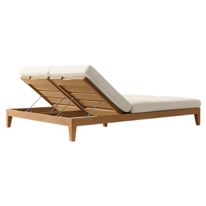 Chaise longue double moderne en teck massif avec dossier réglable et pieds coniques, transat manuel inclinable pour piscine extérieure, mobilier minimaliste - Product Image 5