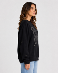<b>Women's</b> <b>Black</b> Oversized <b>Sweatshirt</b> With Rhinestone Printing Crew Neck Long Sleeve Knitted 100% Cotton Autumn Wear - Product Image 5