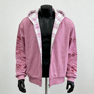 Custom Acid Washed Double Layer Heavyweight Boxy Distressed Embroidered <b>Flannel</b> <b>Jacket</b> Plaid Reversible Zip up Hoodie for Men - Product Image 1