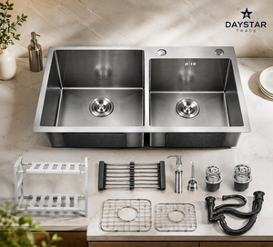 Évier de cuisine Daystar Trade fait main en acier inoxydable à cuve unique, à encastrer, surface brossée, design rectangulaire, robinet moderne - Product Image 1