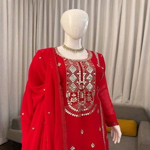 VASTRA COTTAGE Traje Sharara de Georgette Sintético con Bordado de Hilo y Lentejuelas, Conjunto de Top y Dupatta de Diseño con Encaje Elegante para Mujer - Product Image 1