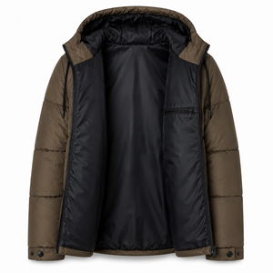 Blouson matelassé à capuche pour homme avec patch personnalisé, construction matelassée large, fermeture éclair contrastante sur le devant, poignets à boutons-pression, streetwear d'hiver - Product Image 5