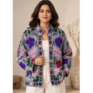 Embroidered Knitted Cotton <b>Jacket</b> Women Mandarin Collar Full Sleeve Floral Pattern Autumn Winter Spring Prairie Chic Style 100% - Product Image 1