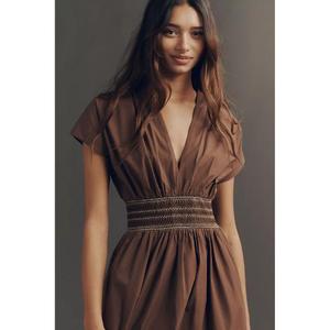 Robe midi trapèze décontractée en popeline de coton à taille naturelle, plissée, unie, pour femme, personnalisable, écologique, respirante et élégante - Product Image 2