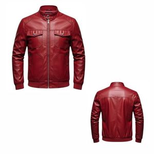Blouson moto homme en cuir PU rouge, col montant, fermeture éclair, coupe ajustée, manches classiques, couleur unie, style motard, pour l'automne, tendance - Product Image 6