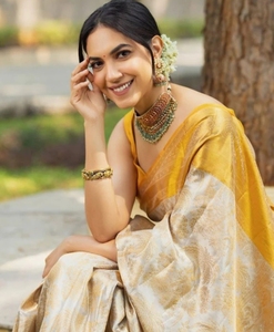 KV Women's Self Design Woven Golden Zari Work Jacquard Banarasi Silk <b>Saree</b> With Unstitched Blouse (White & <b>Yellow</b>) - Product Image 1