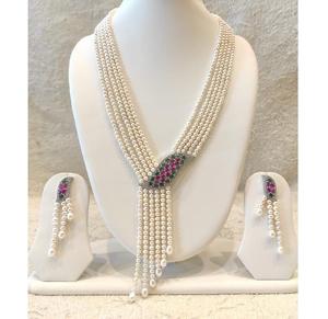 Ensemble de perles longues plaqué argent de qualité supérieure avec zirconiums cubiques et boucles d'oreilles, idéal pour les fiançailles, les mariages et les soirées - Product Image 1