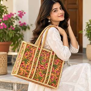 Floral <b>Canvas</b> Quilted <b>Tote</b> <b>Bag</b> with Candy Stripe Trim Zipper Closure <b>Large</b> Capacity Classic Style All Seasons Shopping <b>Bag</b> - Product Image 2