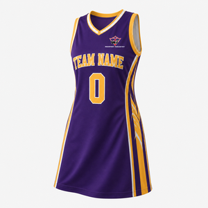 Warpro Industry – Robe de basket-ball pour femmes, violette et jaune, col en V, sans manches, nom et numéro d'équipe personnalisés, impression par sublimation - Product Image 4