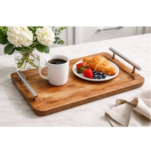 Rectangular Wooden Serving <b>Tray</b> with Metal Handle Customizable Shape for <b>Breakfast</b> Coffee Table Dining Room Party Use - Product Image 1